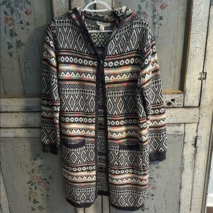 Monteau Black & Cream Hooded Patterned Cardigan with Multi Stripes